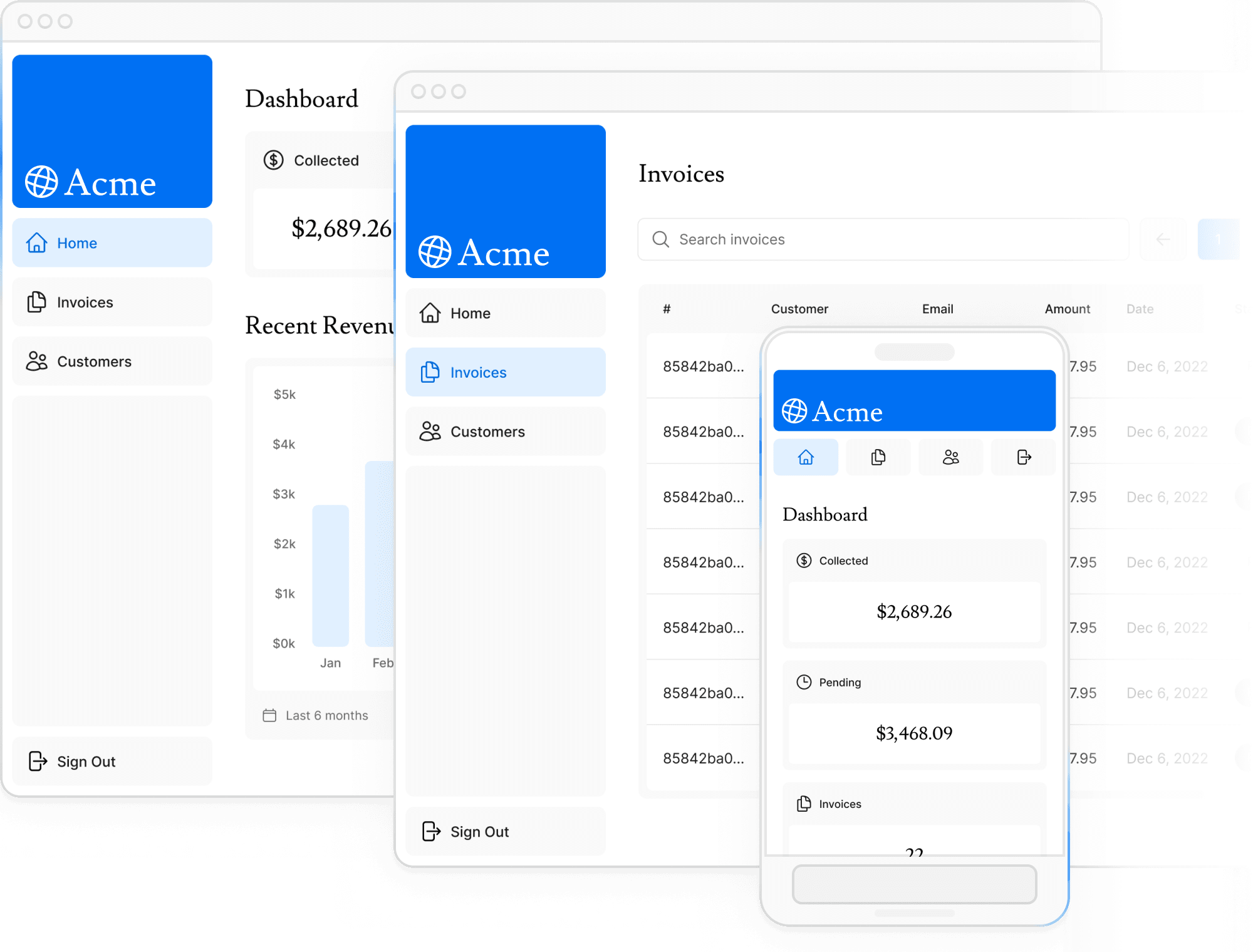 screenshots of dashboard project showing desktop version